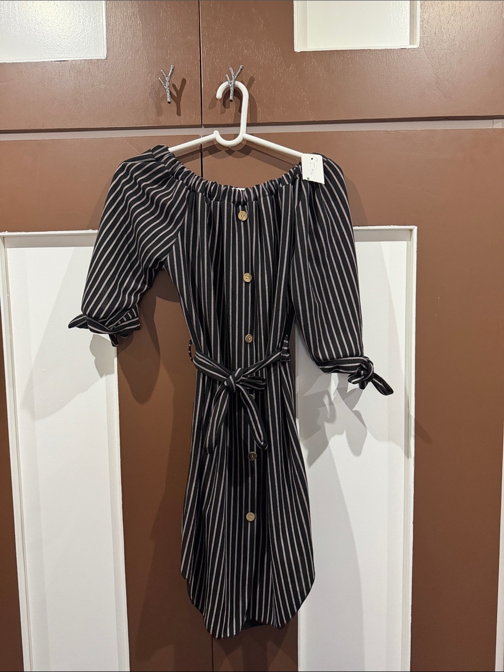 Striped Off-Shoulder Button-Front Dress with Tie Waist - Black/White NEW